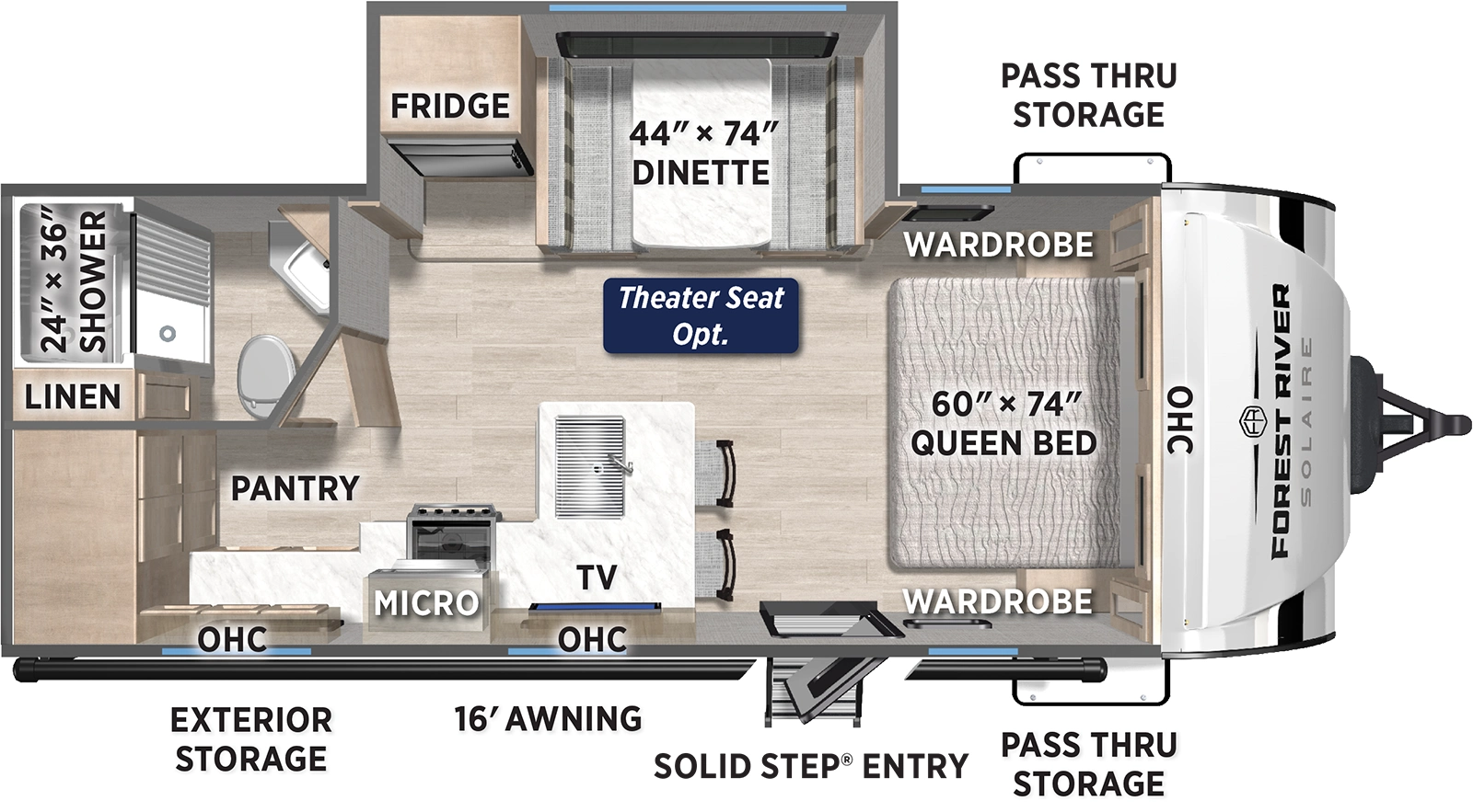 The Solaire 232UD floorplan has one entry and one slide out. Exterior features include: fiberglass exterior and 16' awning. Interiors features include: front bedroom.